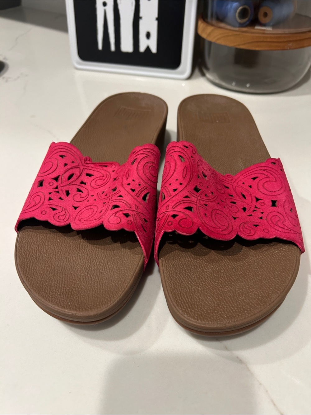 Women's Hot Pink Laser-Cut Slide Sandals